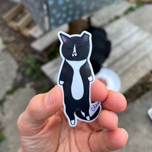 May include: A black and white cat sticker with a white collar and a happy expression. The sticker is signed "Cleo".
