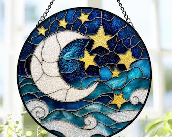 Moon and Star Stained Glass Suncatcher, Celestial Night Sky Ornament, Spiritual Home Decor for Windows, Moon Lover Suncatcher, Gift For Her