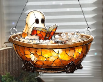 Cute Ghost Reading Book Bathroom Suncatcher,Window Hanging,Halloween Spooky,Boo Book Lover Gift,Home Decor,Halloween Gift,Ghost In Bathtub