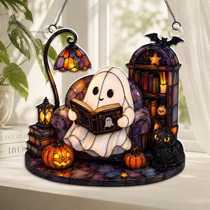 Ornement acrylique de livre de lecture fantôme mignon, Suspension de fenêtre d'Halloween, Cadeau pour amoureux des chats, Cadeau pour amoureux des livres, Cadeau livresques d'Halloween, Décoration d'intérieur d'Halloween