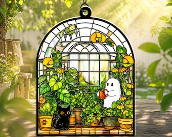 Cute Ghost Greenhouse Acrylic Suncatcher, Black Cat Ornament, Halloween Ghost Window Hangings, Halloween Home Decor Gift, Plant Lovers Gift