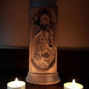 Norse Goddess Skadi — goddess of winter, mountains, and hunting. Wooden statue, perfect for Viking altar and Nordic home decor.