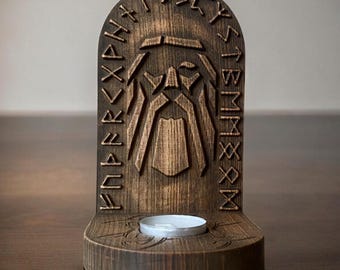 Handcrafted Wooden Odin Candle Holder – Norse Pagan Altar Decor