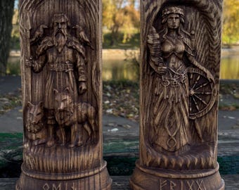 Wooden Statues Set: Odin and Frigg, Norse Gods Figurines, Pagan Altar Decor.