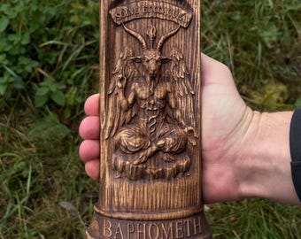 Wooden Baphomet Statue – Occult Deity Figurine, Goat God Altar Decor, Witchcraft Sculpture, Pagan Decor