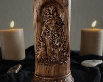 Hölzerne Ostara Göttinnen-Statue, Frühlings-Tagundnachtgleichen-Göttin, Fruchtbarkeit und Erneuerung, Asatru-Dekor, heidnischer Altar