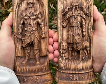 Odin & Thor Wooden Statue Set – Viking Norse Gods Altar Decor
