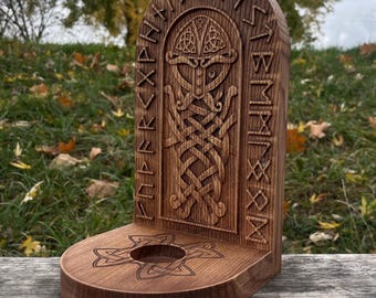 Wooden Odin Candle Holder – Norse God Statue, Viking Altar Decor, Asatru Pagan Candle Stand