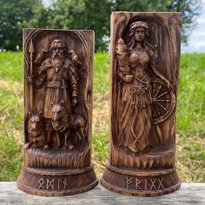 Wooden Norse Gods -  Odin & Frigg. Viking Pagan God Statue. Nordic Decor. Viking Figurine. Pagan Altar Statue. Scandinavian Mythology Decor.