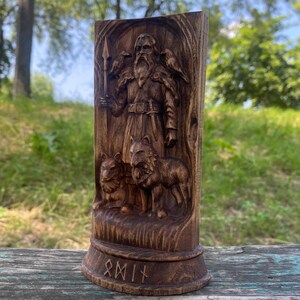 Hand-Carved Wooden Odin Statue: Norse God Altar Decor