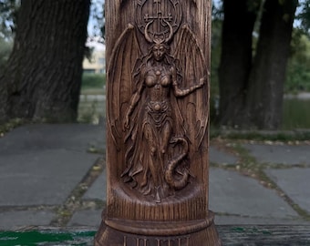 Lilith Wooden Statue – Dark Goddess Occult Deity Figurine, Pagan Altar Statue, Witchcraft Decor, Spiritual Occult Gift
