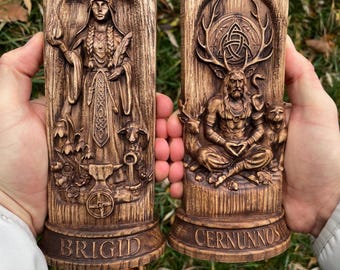 Keltische heidnische Statuen – Cernunnos & Brigid. Mythologische Holzdekoration. Handgefertigte Götterfiguren.