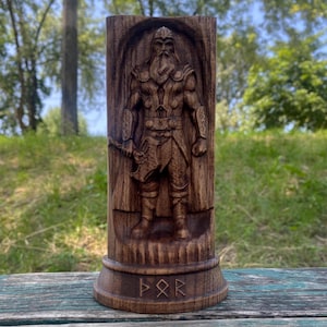 Wooden Thor Statue – Norse Pagan God Figurine, Viking Idol for Asatru Altar, Nordic Decor