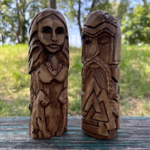 Small norse pagan gods odin and freya statue. Wooden gods figurine. Wooden statue scandinavian mythology. Sacred Valhalla. Wood carving god.