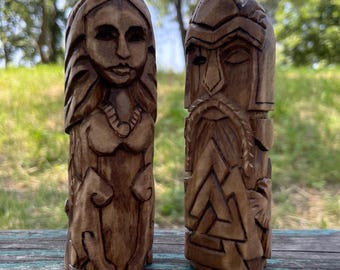 Hand-Carved Odin & Freyja Statue: Norse Pagan Gods, Wooden Figurine