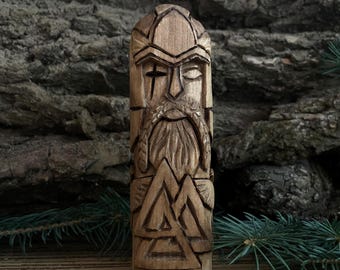 Statue d'Odin en bois sculpté à la main : figurine de dieu païen nordique