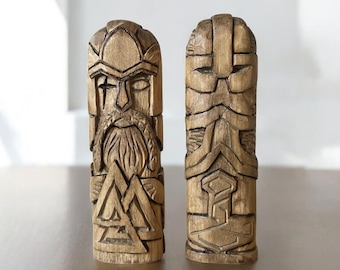 Hand Carved Wooden Norse Gods: Odin & Thor Viking Decor