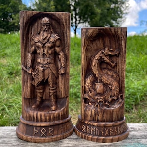 Wooden Norse Gods statue– Thor & Jormungandr. Viking Pagan Gods Figurine. Norse Mythology. Nordic Wooden Altar Serpent. Sacred Valhalla.