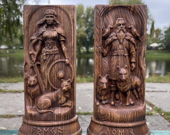 Wooden Odin & Freya Statue Set – Norse Pagan Altar Decor