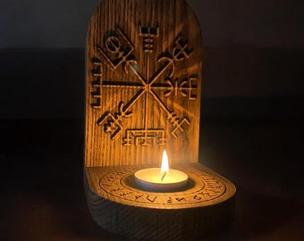 Vegvísir Wooden Altar - Norse Compass, Viking Decor