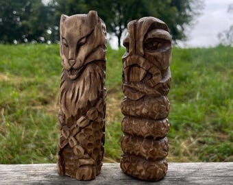 Handcrafted Wooden Norse Gods Statues – Fenrir Wolf & Jormungandr Serpent