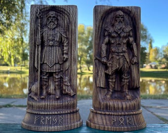 Wooden Thor & Freyr Statues – Norse Altar Decor