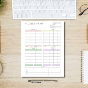 Puede incluir: Una hoja de presupuesto mensual imprimible con secciones para gastos, ingresos, ahorros y facturas. Cada sección tiene columnas para la categoría, el importe y el total. La hoja está diseñada con colores pastel y un diseño sencillo.