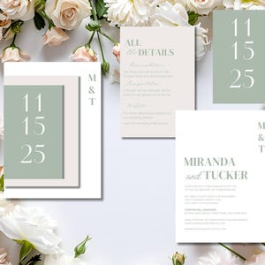 Puede incluir: Un conjunto de invitaciones de boda con un esquema de color verde y blanco. La invitación presenta los nombres Miranda y Tucker, la fecha 11.15.25 y el texto "All the Details".