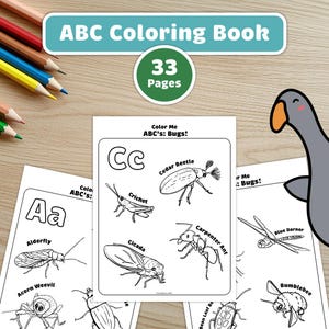 May include: A black and white coloring book with 33 pages featuring bugs and their corresponding letters of the alphabet. The book is titled "Color Me ABC's: Bugs!" and includes illustrations of a cedar beetle, cricket, cicada, alderfly, acorn weevil, carpenter ant, blue darner, and bumblebee.