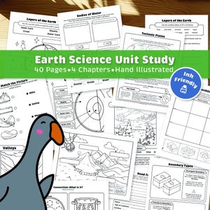 Peut inclure: Une étude unitaire d'éducatif sur les sciences de la Terre en noir et blanc avec 40 pages et 4 chapitres. L'étude unitaire comprend des illustrations des couches de la Terre, des plaques tectoniques, des masses d'eau et des formes de relief. Le texte "Earth Science Unit Study" est écrit en lettres vertes sur une bannière verte.