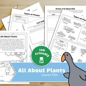 Pode incluir: Folhas de trabalho imprimíveis em preto e branco para um plano de aula sobre plantas. As folhas de trabalho incluem um facto divertido sobre plantas, uma secção para desenhar e descrever diferentes tipos de plantas, e uma secção para recortar e colar exemplos de plantas. As folhas de trabalho são intituladas "Tudo sobre plantas" e "Tipos de plantas".