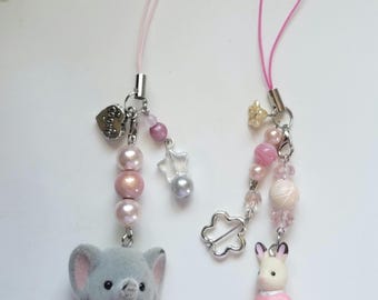 Calico Critter Elephant and Rabbit Beaded Keychains | Sylvanian Families Pink Animal Keychains | Calico Critter Cute Phone Charms