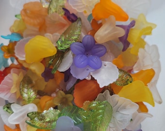 Lucite Flower Beads | Lucite Plastic Flower Bead Soup | Flower Bead and Leaf Bead Soup