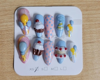 My Little Pony Pinkie Pie Themed Press on Nails Almond Shape | MLP Pinkie Pie Press on Nails Small size | Small Size Press on Nails