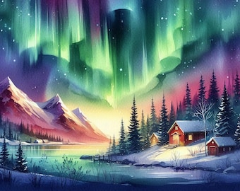 Könnte beinhalten: Ein Aquarellbild einer verschneiten Winterlandschaft mit einer roten Hütte im Vordergrund. Die Hütte ist von Bäumen und einem See umgeben. Der Himmel ist mit einem leuchtenden grünen und violetten Nordlicht gefüllt.