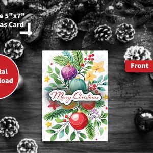 Frohe Weihnachten druckbare Karte Festliche Äste und Blumen Kunstwerk Sofort Download Ideal für Senden Urlaub Cheer