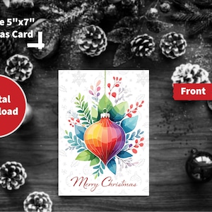 Frohe Weihnachten Grußbild mit bunten Herbstlaub und Ornament Printable Digital Art Instant Download für Festlichkeiten