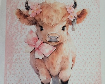 Baby girl highland cow panel pink material 100 % cotton Kona or muslin fabric