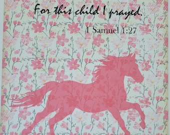 Pink horse fabric panel, scripture material, cotton muslin, quilt block