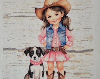 Cowgirl and dog panel fabric childrens quilt top 100 % cotton Kona or muslin block