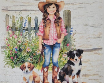 Cowgirl quilt panel walking her dogs material 100 % cotton fabric