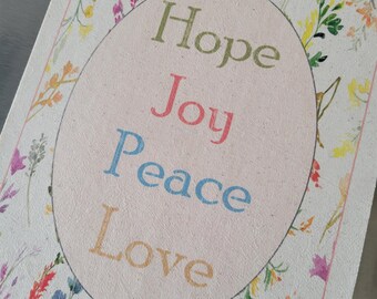 Handmade bible quote fabric panel scripture gift Hope Joy Peace Love 100 % cotton Kona or muslin material