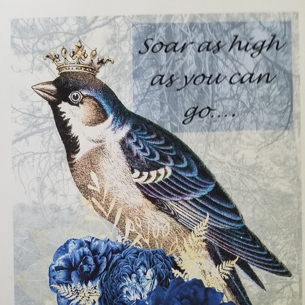 Blue bird fabric panel quote quilt patch 100 % cotton muslin wall decor