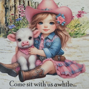 Baby highland cow panel with cowgirl fabric children material