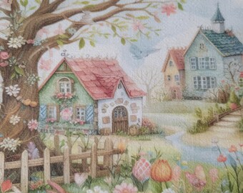 Folk art village panel fabric cotton Kona or muslin pink blue and green landscape material