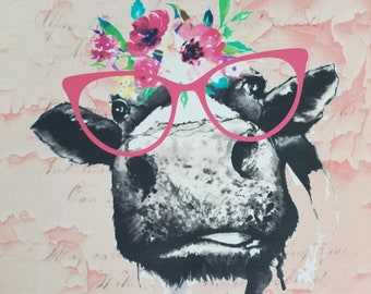 Heifer fabric panel  cow with glasses material 100 % cotton