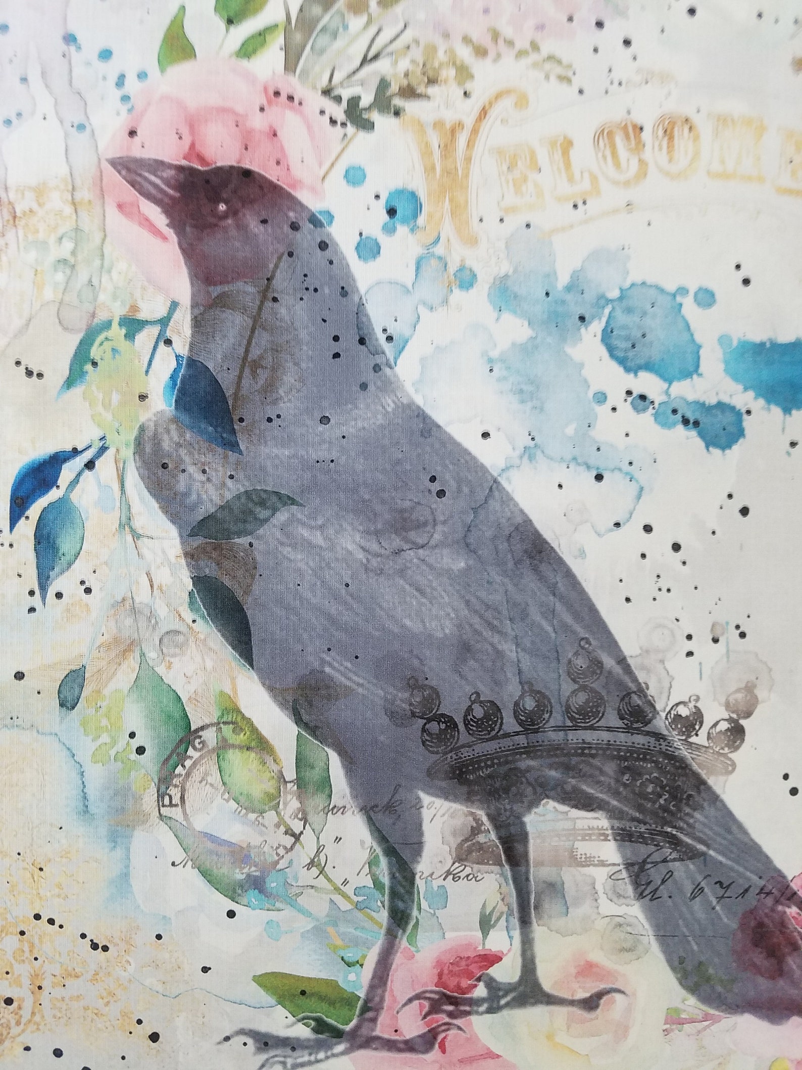 Raven fabric panel bird quilting material floral wall art Etsy