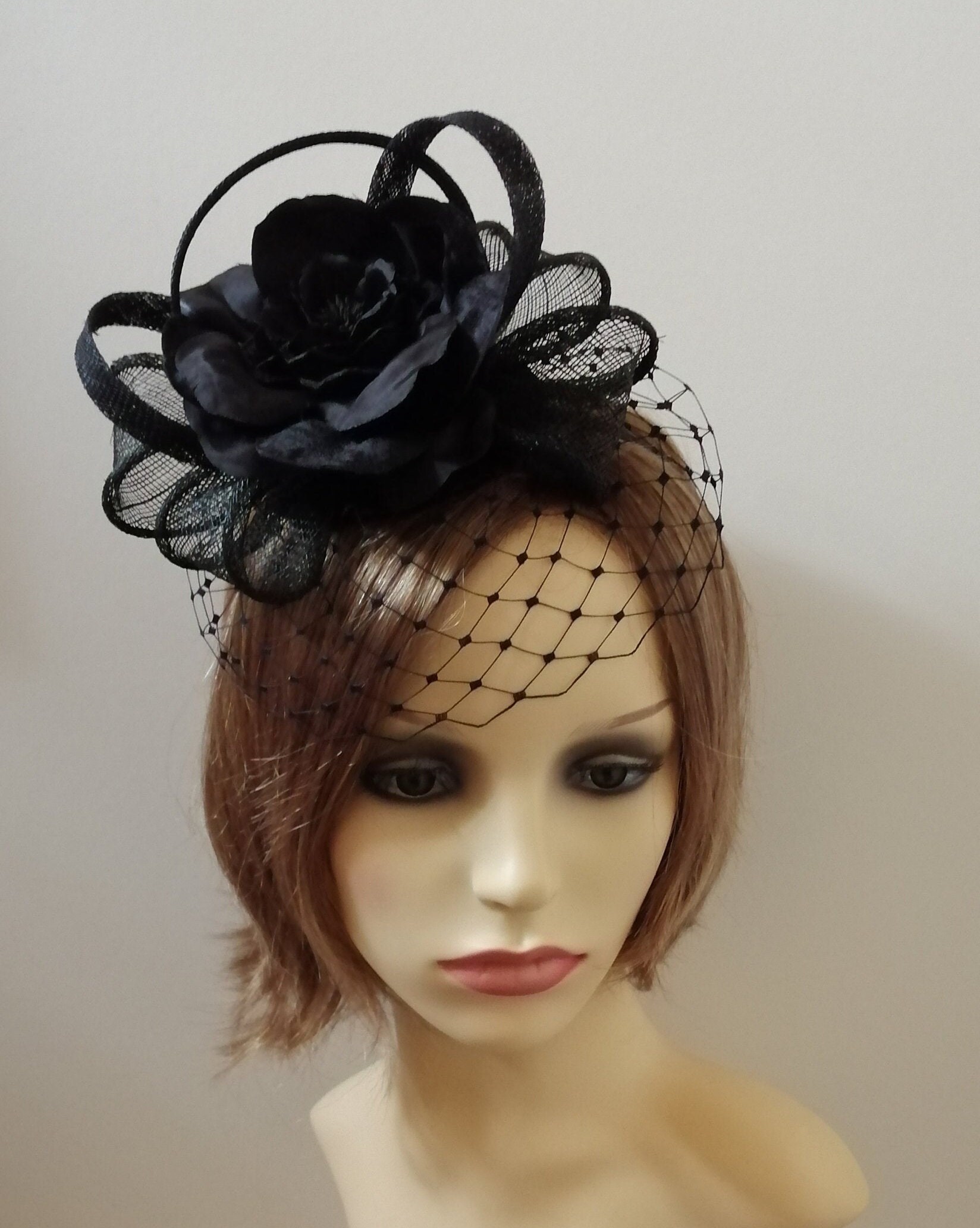Black rose fascinator with veiling SALE Etsy