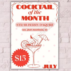 Edytowalny plakat promocyjny koktajlu | Szablon Canva | Miesięczny specjalny znak na drinka | Wyświetlanie menu baru | Wydrukowana sztuka ścienna do barów i restauracji