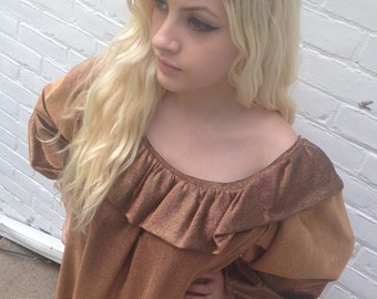 1970s Vintage Bill Blass Copper Ruffle Goddess Gown